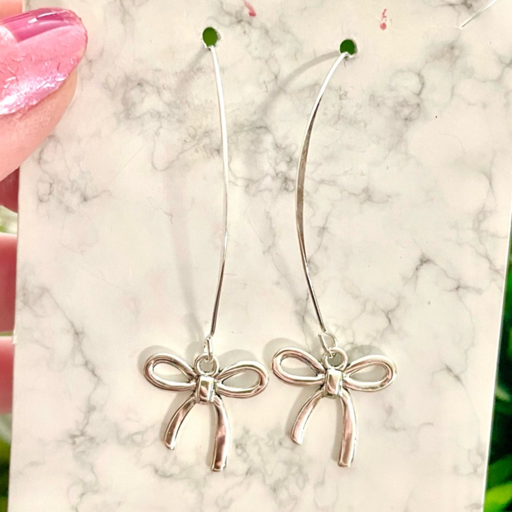 Silver Bow Dangle Earrings